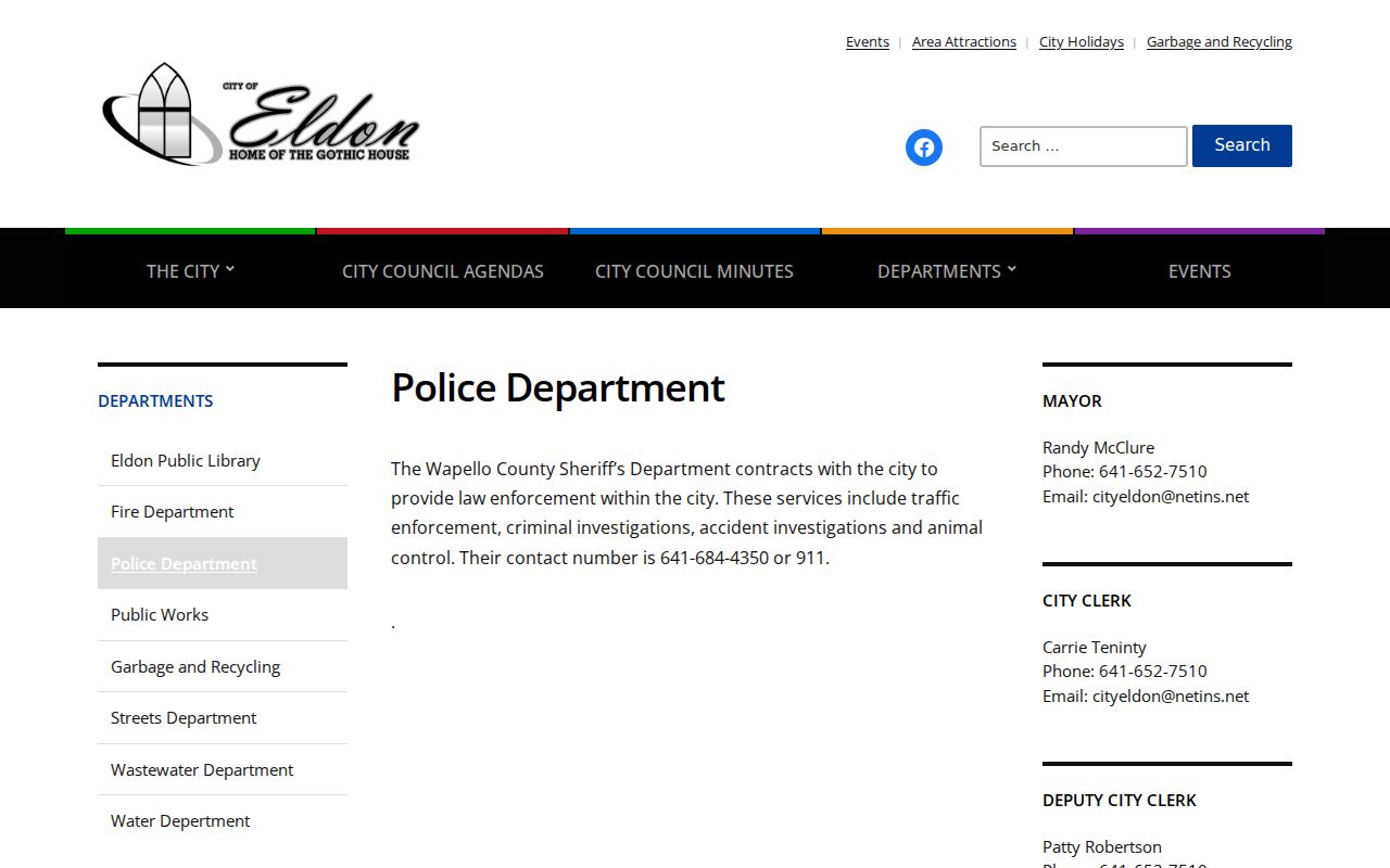 Eldon criminal records page explaining Wapello County Sheriff police services