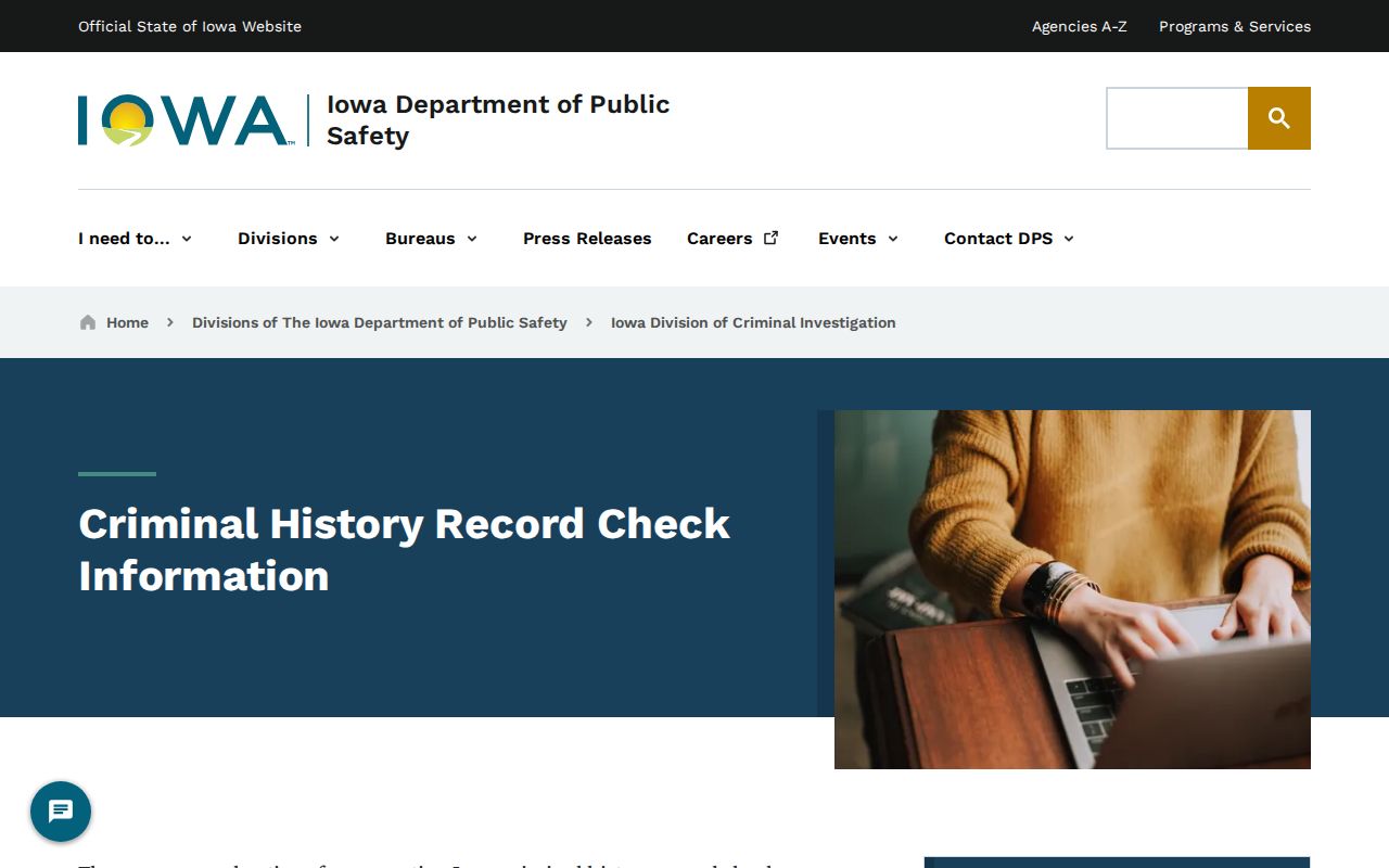 Iowa DCI criminal history record check information page