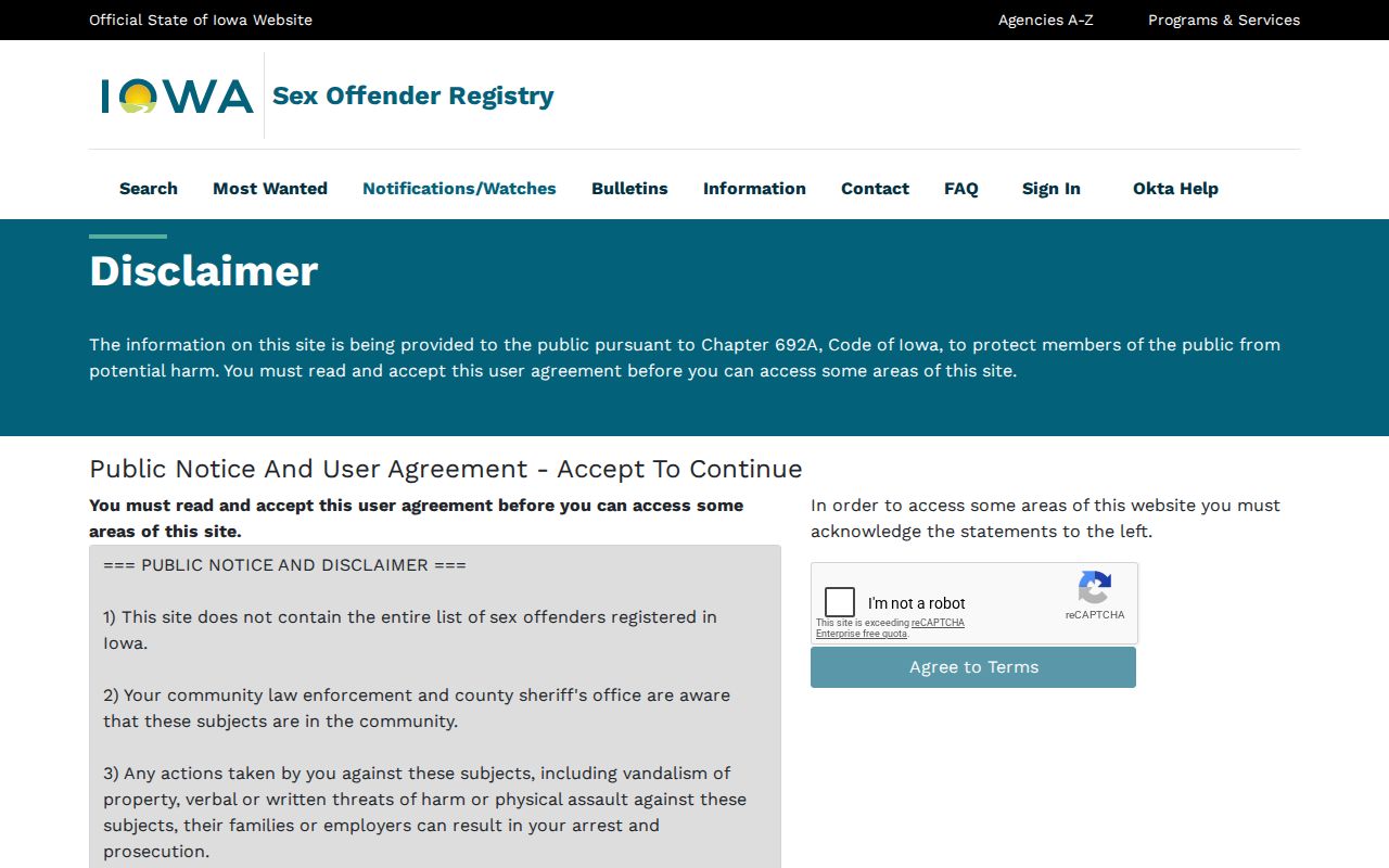 Wapello County sex offender search user agreement