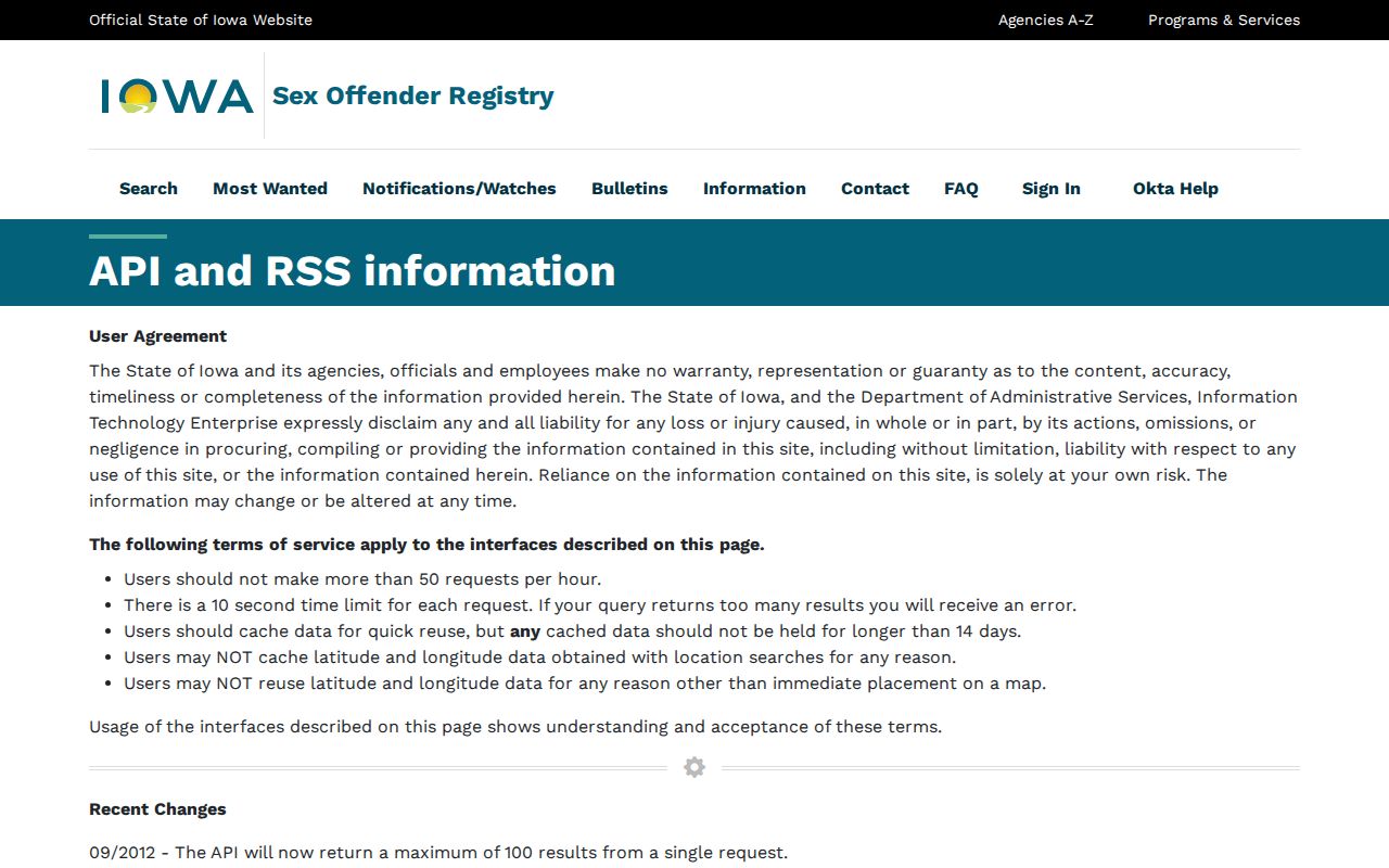 Official profile schema for Wapello County sex offender registry records