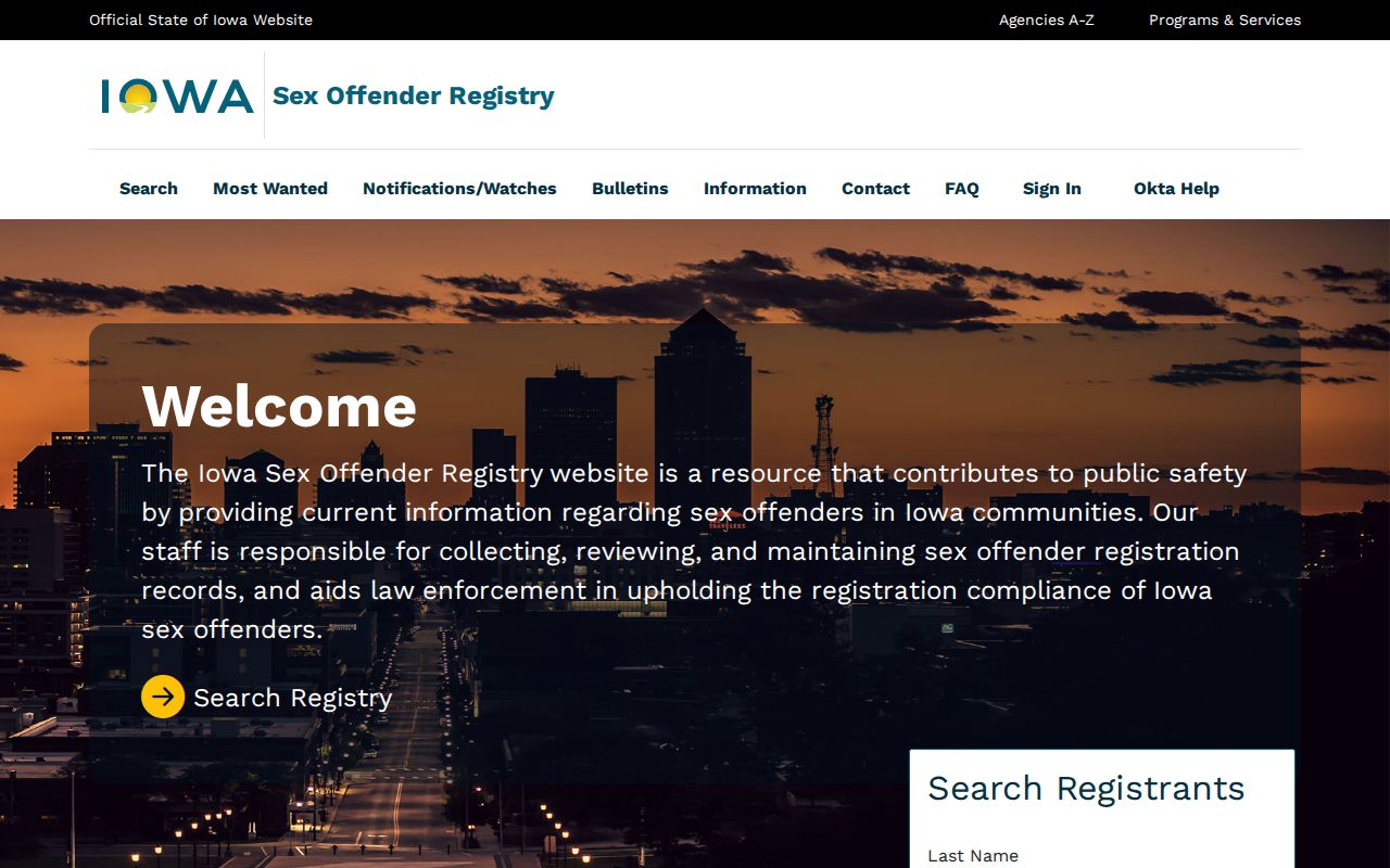 Iowa registry interface for a Wapello County sex offender search